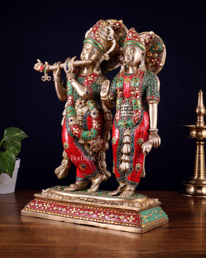 Pure Brass Large Radha Krishna Statue with Meenakari Stonework | 17 Inch