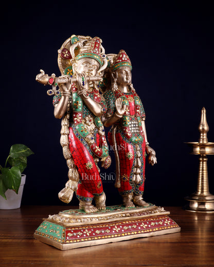 Pure Brass Large Radha Krishna Statue with Meenakari Stonework | 17 Inch