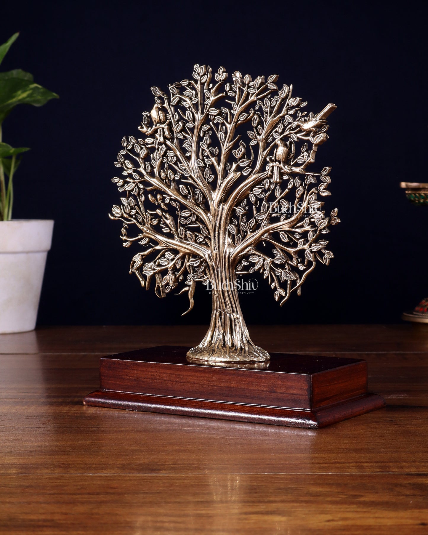 Brass Superfine Kalpavriksha Tree on Wooden Base – 7.5 Inch