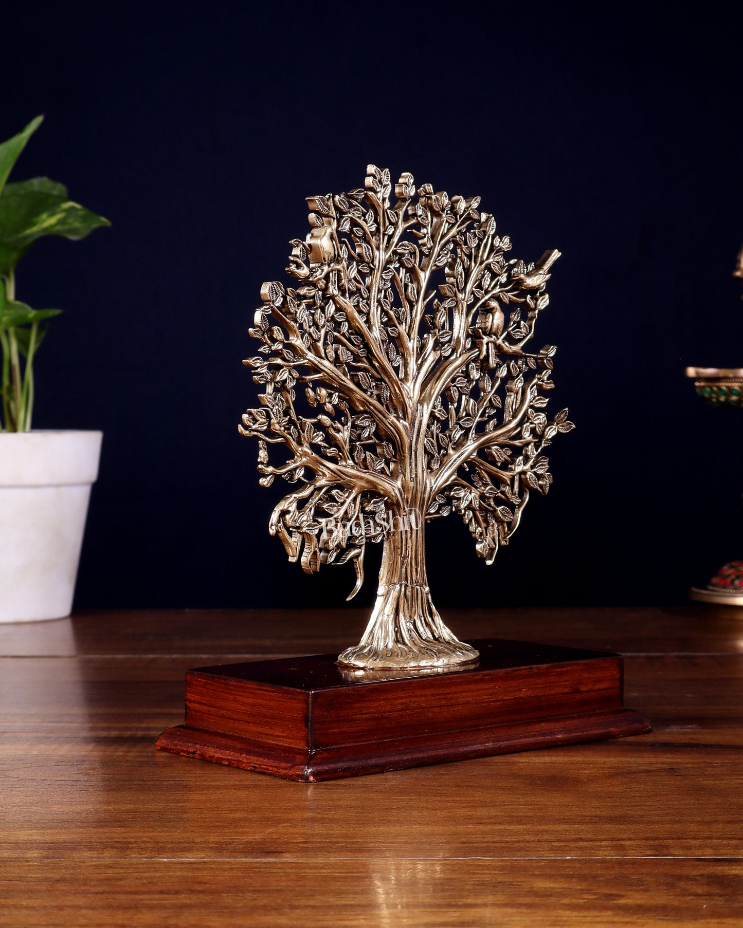 Brass Superfine Kalpavriksha Tree on Wooden Base – 7.5 Inch