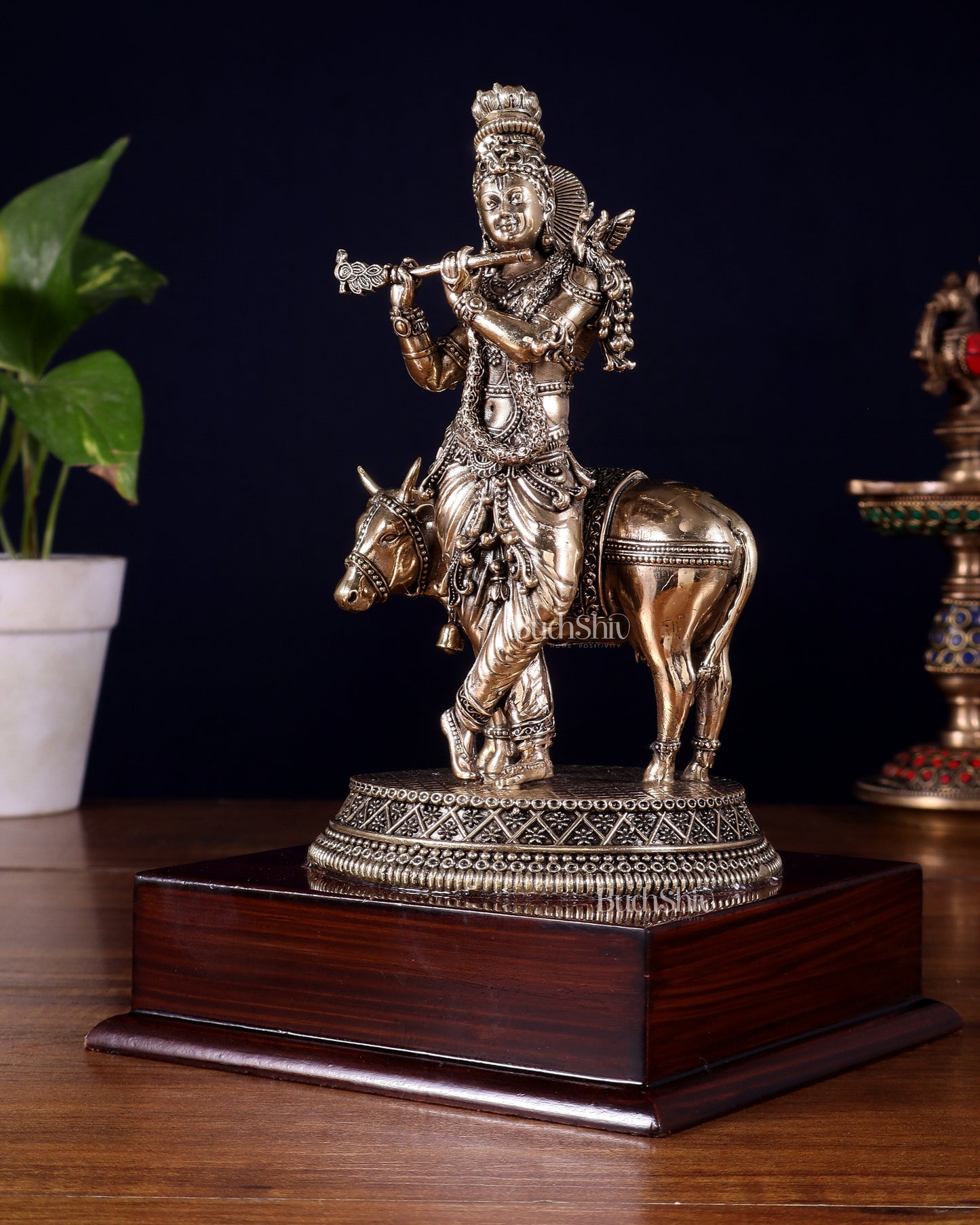 Superfine Brass Krishna with Cow on Wooden Base – 9 Inch