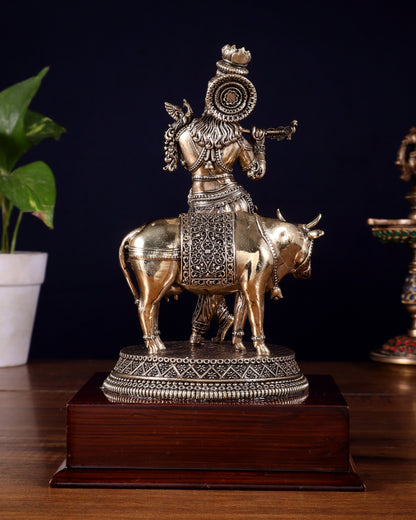 Superfine Brass Krishna with Cow on Wooden Base – 9 Inch
