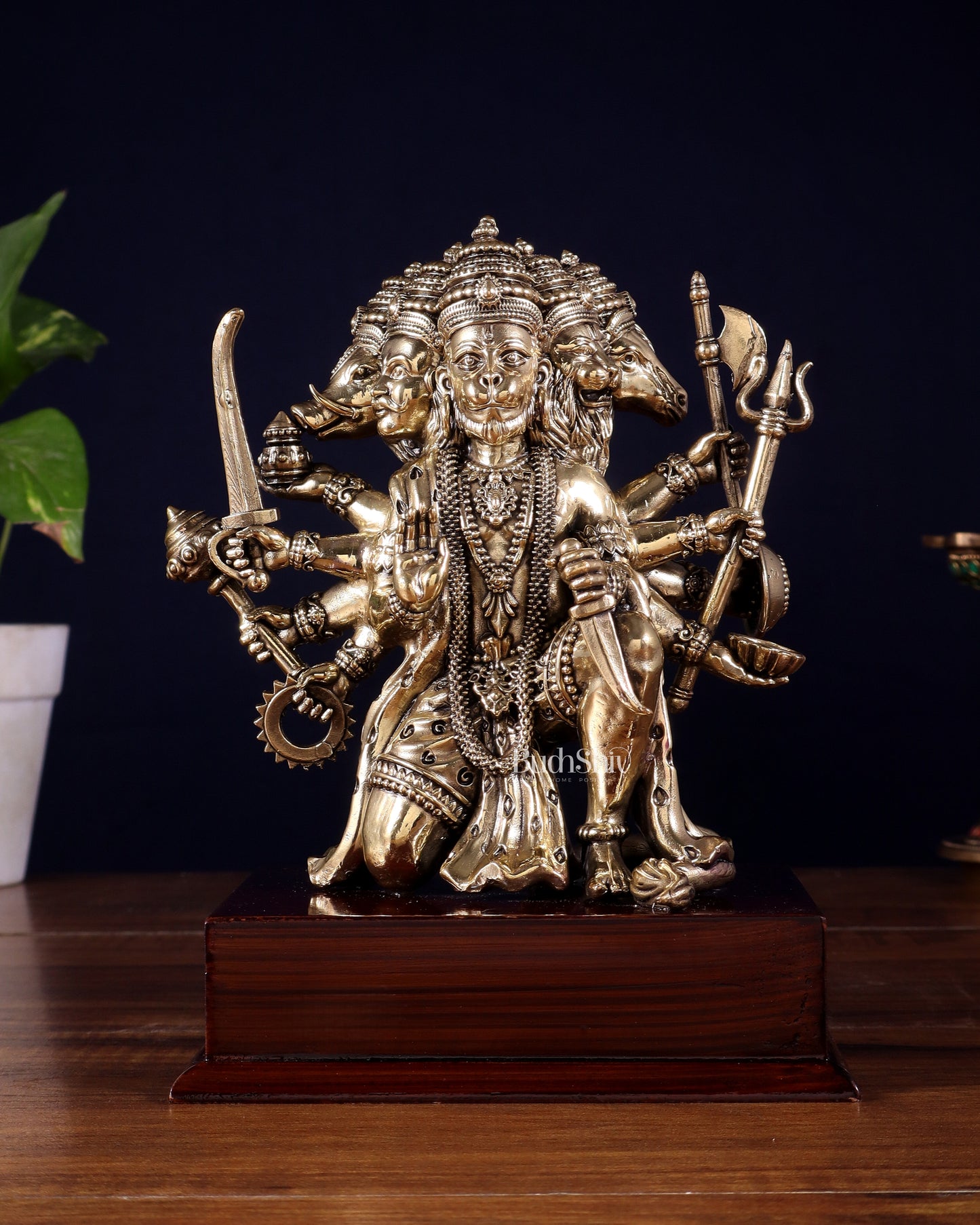 Brass Superfine Panchmukhi Hanuman Idol on Wooden Base – 8 Inch