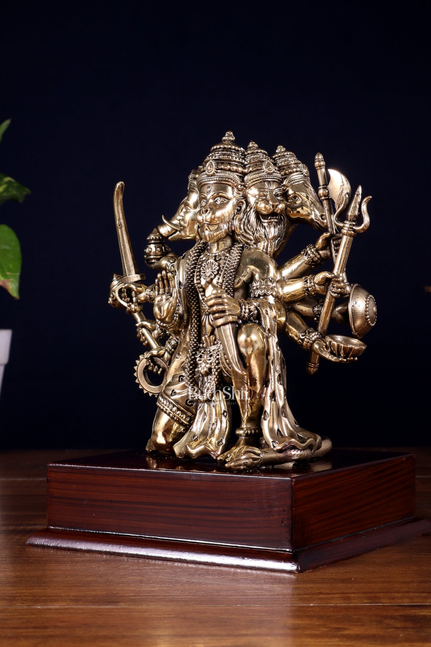 Brass Superfine Panchmukhi Hanuman Idol on Wooden Base – 8 Inch