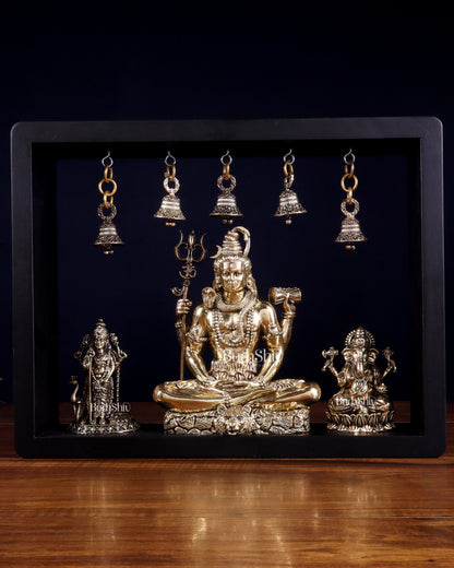 Brass Superfine Lord Shiva with Kartikeya and Ganesha Idol on MDF Frame – An Epitome of Father & Son Bond (11 Inch)
