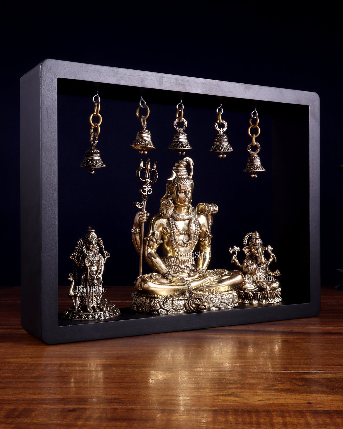 Brass Superfine Lord Shiva with Kartikeya and Ganesha Idol on MDF Frame – An Epitome of Father & Son Bond (11 Inch)