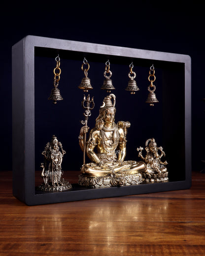Brass Superfine Lord Shiva with Kartikeya and Ganesha Idol on MDF Frame – An Epitome of Father & Son Bond (11 Inch)