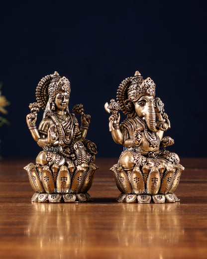 Brass Superfine Ganesh–Lakshmi on Lotus Idol Pair – Miniature (2.5 Inch)