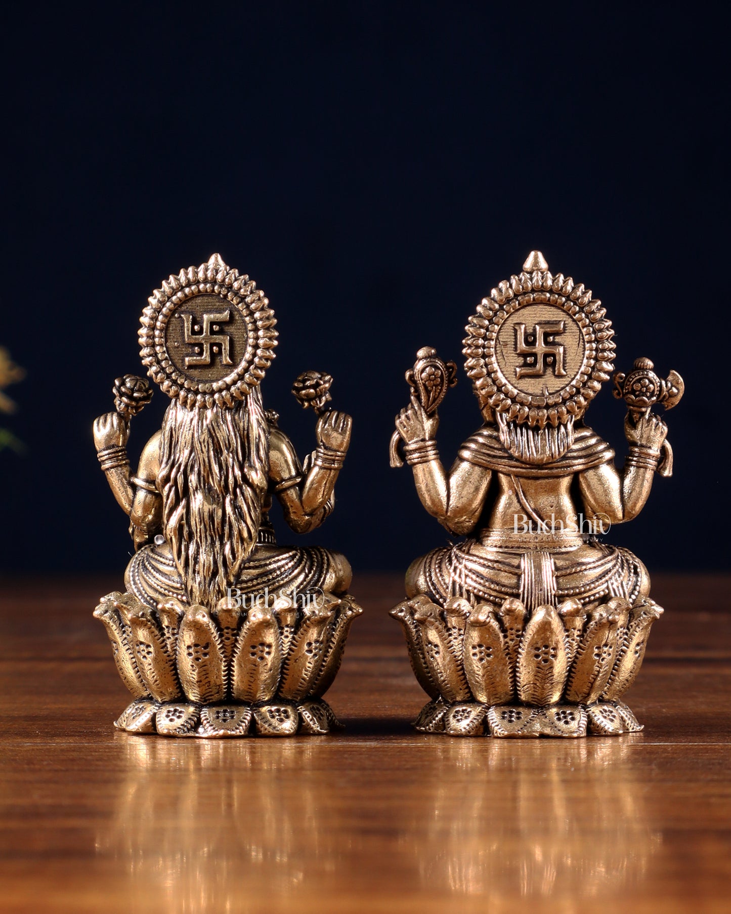 Brass Superfine Ganesh–Lakshmi on Lotus Idol Pair – Miniature (2.5 Inch)