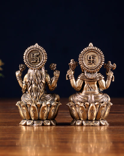 Brass Superfine Ganesh–Lakshmi on Lotus Idol Pair – Miniature (2.5 Inch)
