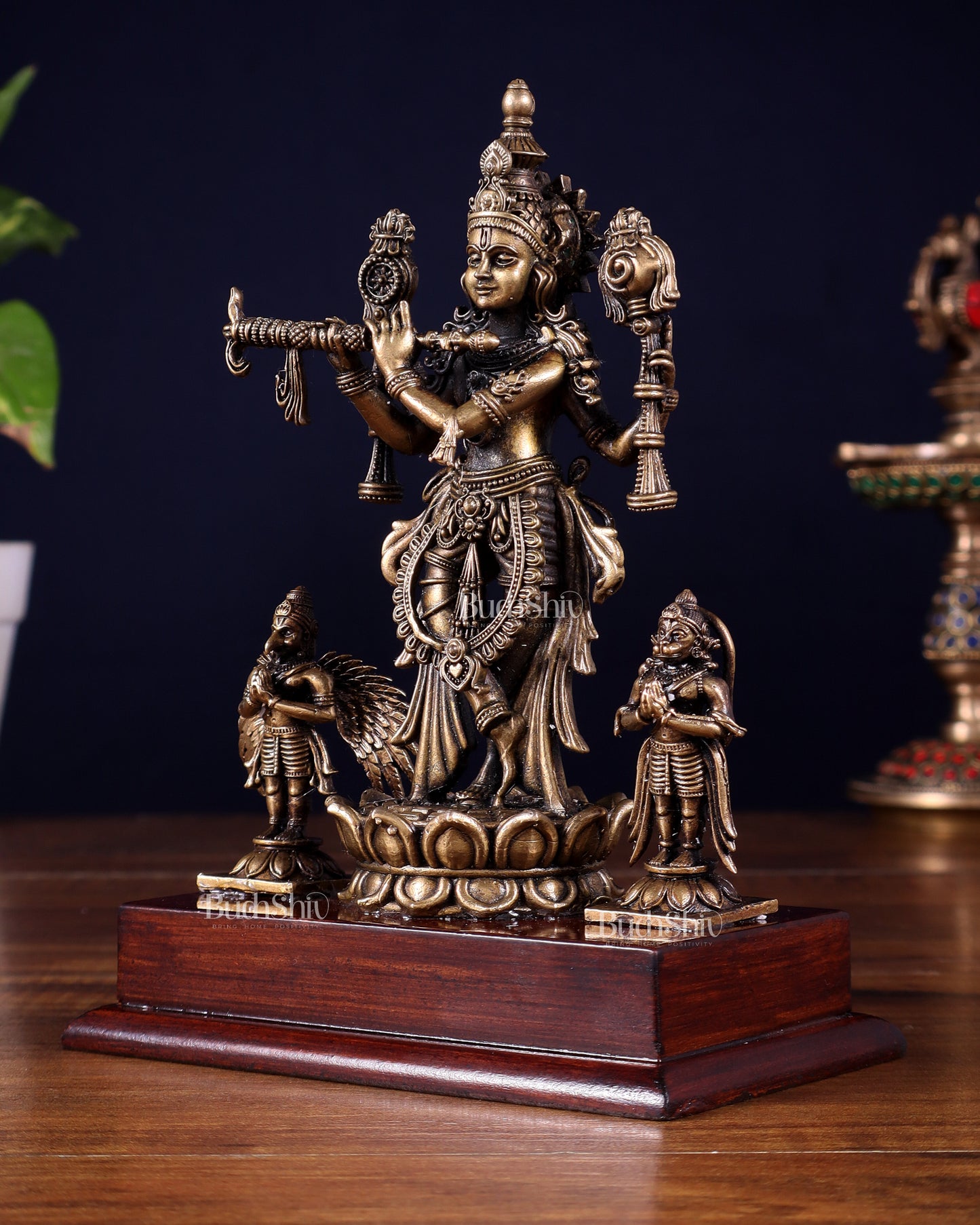Antique Bronze Vishnu Roopam Krishna with Hanuman & Garuda – 7 Inch
