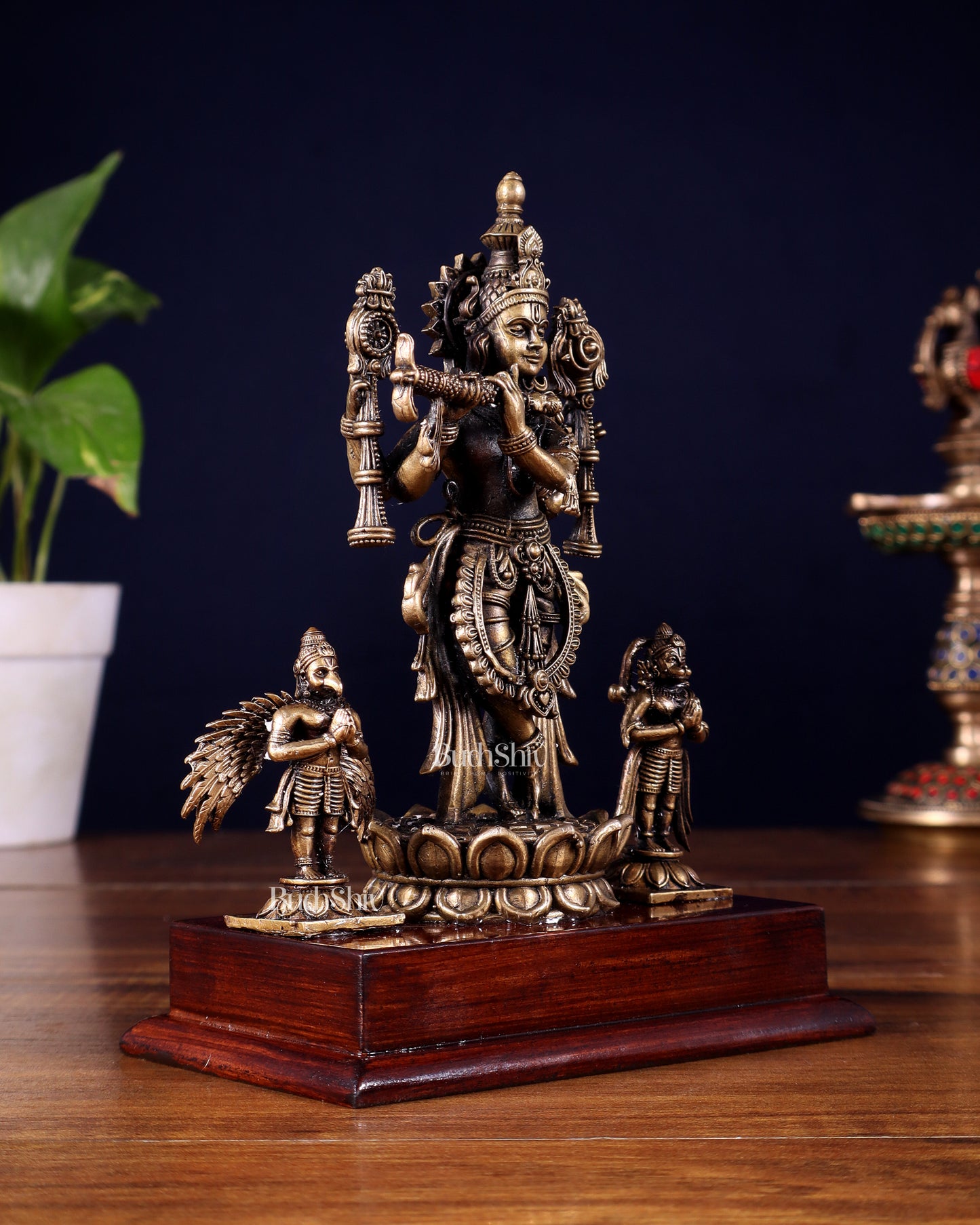 Antique Bronze Vishnu Roopam Krishna with Hanuman & Garuda – 7 Inch