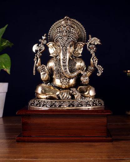 Brass Superfine Ganesha Idol – Intricate Design on Wooden Base (8.5 Inch)