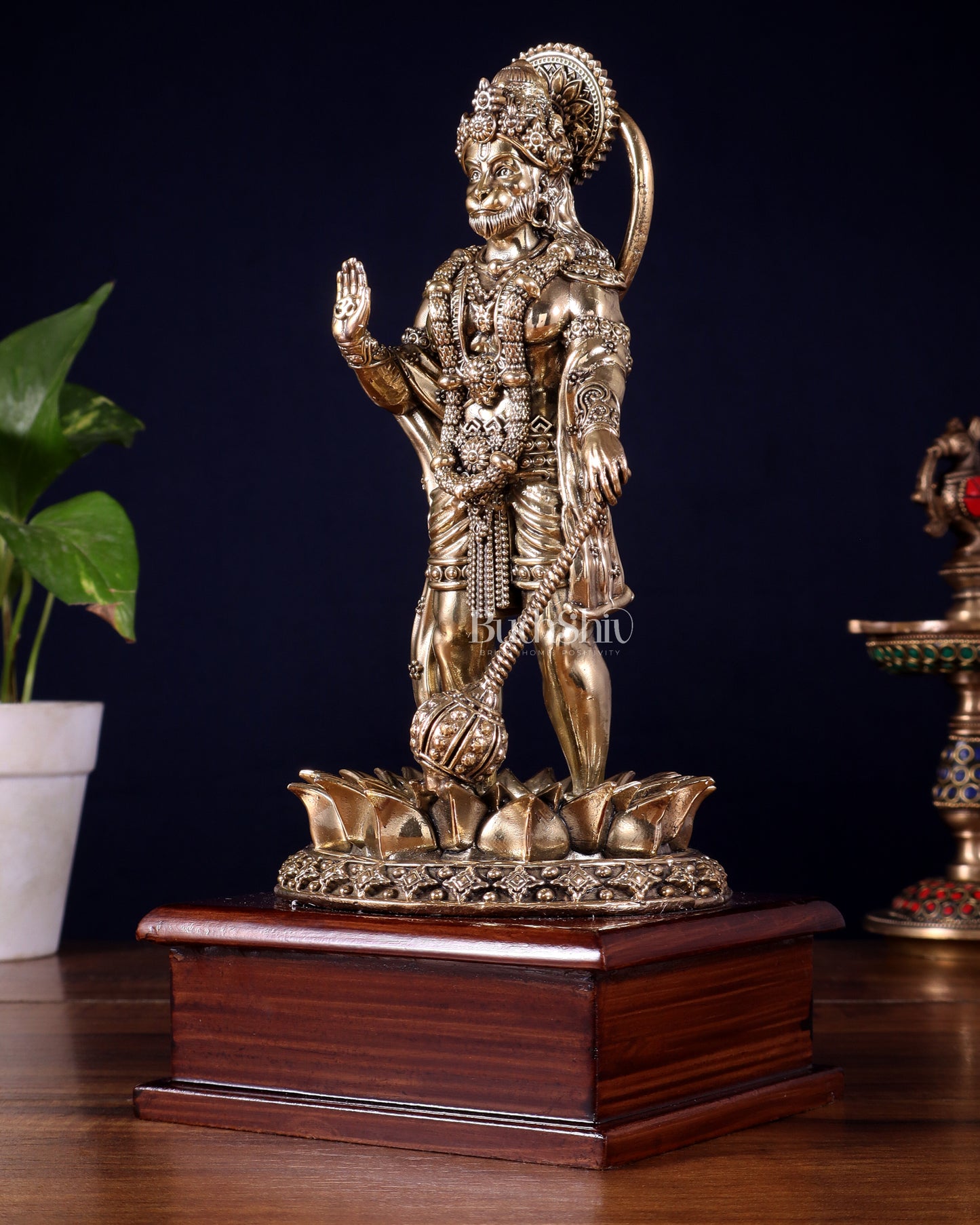 Brass Superfine Hanuman Standing on Lotus – Wooden Base (10.5 Inch)