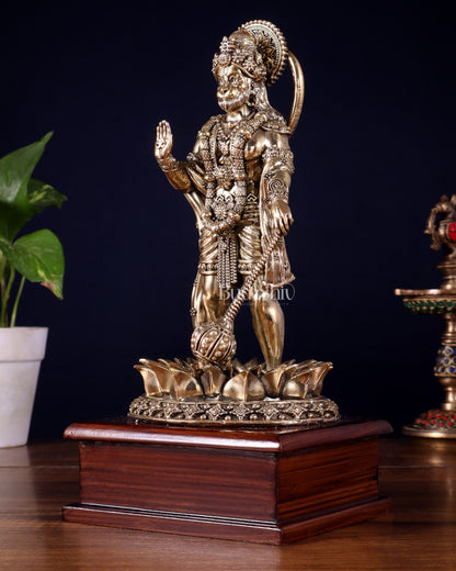 Brass Superfine Hanuman Standing on Lotus – Wooden Base (10.5 Inch)