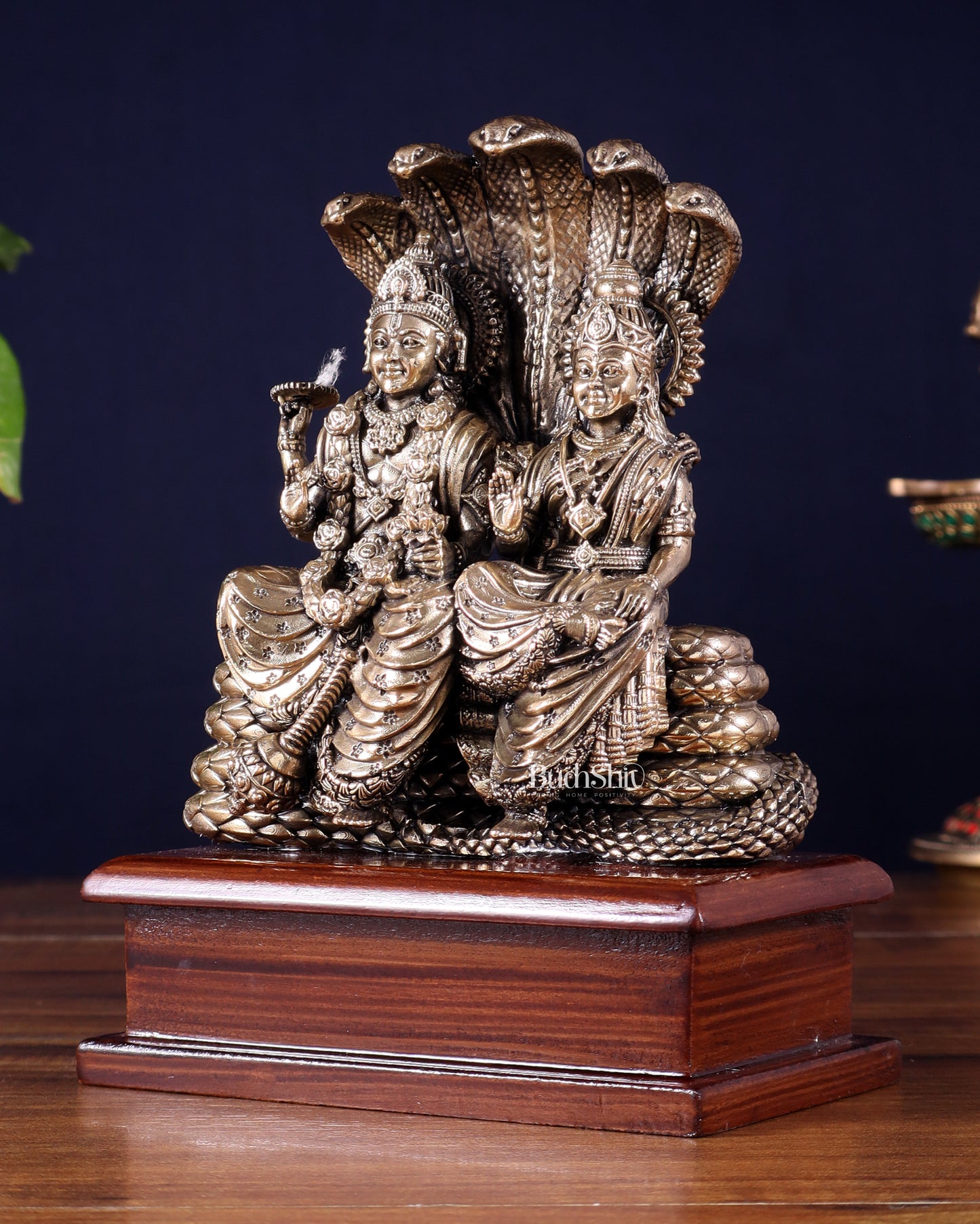 Pure Brass Superfine Lakshmi Narayan on Sheshanaag – on Wooden Base (7 Inch)