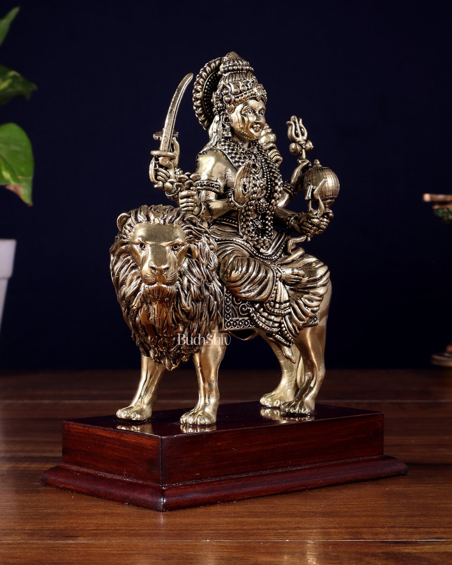 Brass Superfine Goddess Durga Idol on Wooden Base (6 Inch)