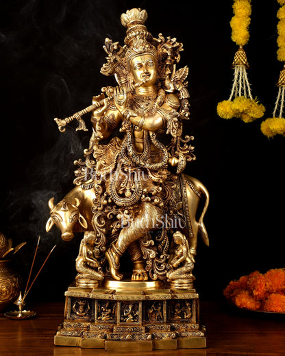 Pure Brass Lord Krishna with Cow large Statue - 29" Height