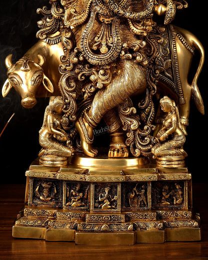 Pure Brass Lord Krishna with Cow large Statue - 29" Height