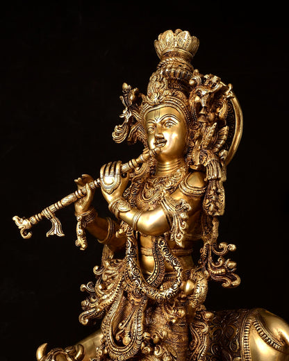Pure Brass Lord Krishna with Cow large Statue - 29" Height