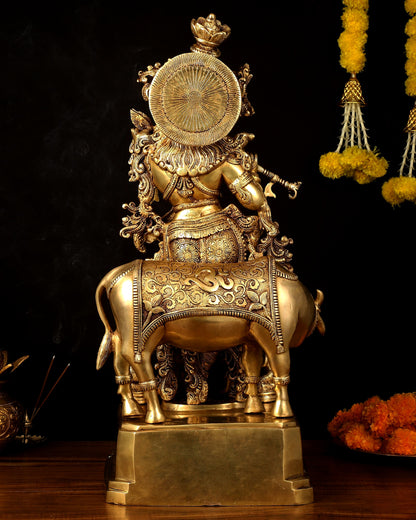 Pure Brass Lord Krishna with Cow large Statue - 29" Height