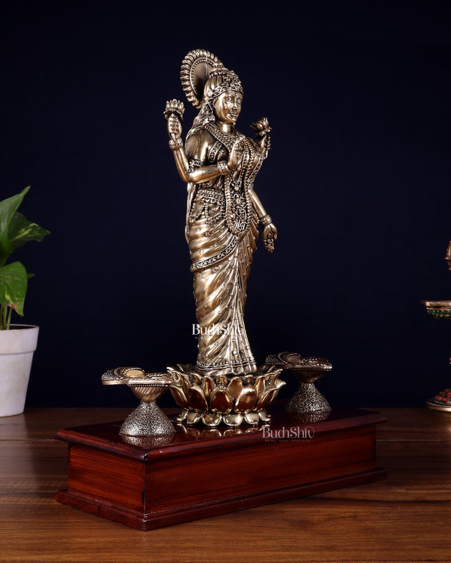 Brass Superfine Goddess Lakshmi Standing on Wooden Base with Diyas – 12.5 Inch