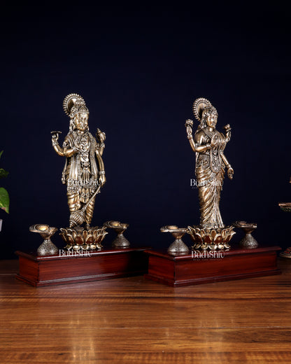 Brass Superfine Lakshmi Vishnu Pair with Diyas on Wooden Base 13 inch