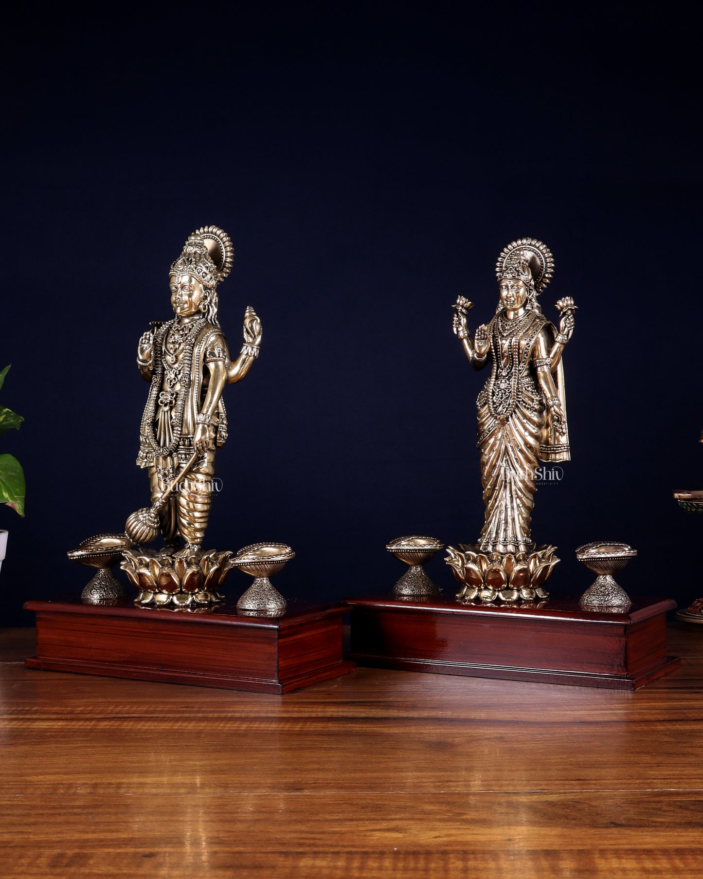 Brass Superfine Lakshmi Vishnu Pair with Diyas on Wooden Base 13 inch