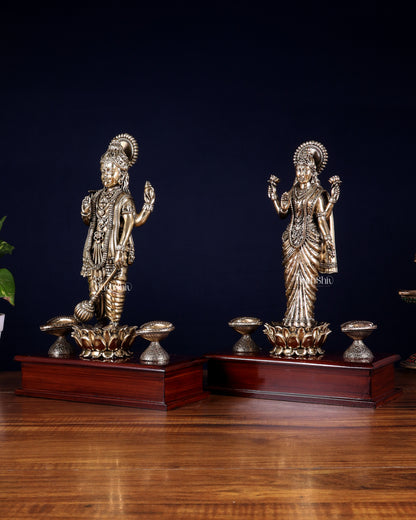 Brass Superfine Lakshmi Vishnu Pair with Diyas on Wooden Base 13 inch