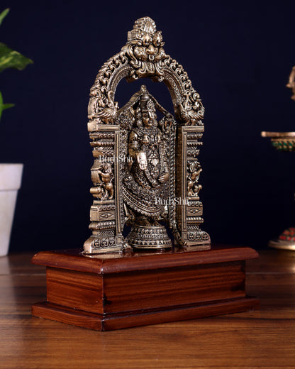 Superfine Brass Tirupati Balaji Idol on Wooden Base – 7.5 Inch