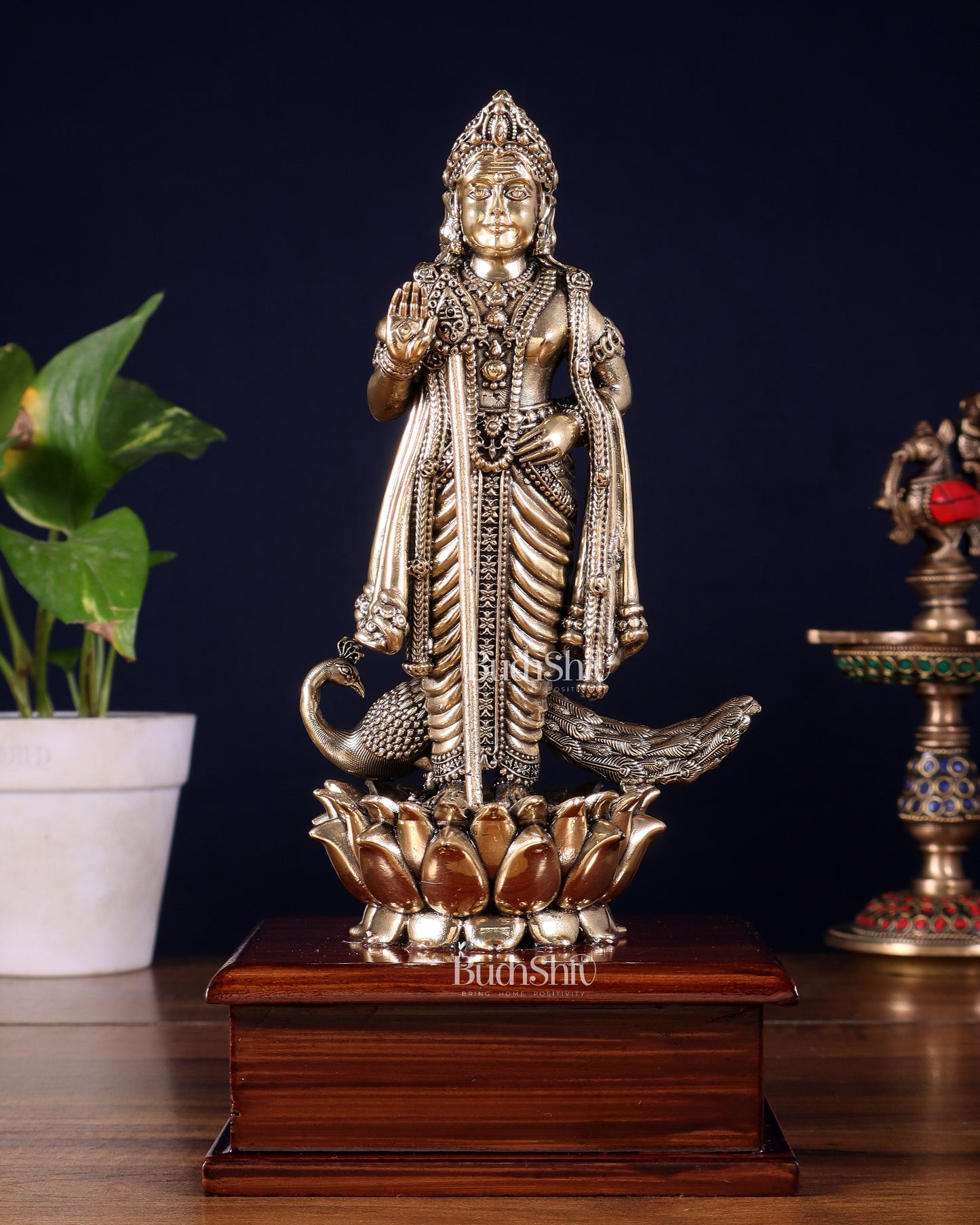 Brass Superfine Lord Murugan Idol on Wooden Base – 10 Inch