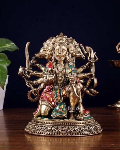Intricate Superfine Brass Panchmukhi Hanuman Idol - 6" Tall meenakari