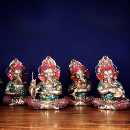Pure Brass Ganesha Musical Set of Four 12.5 inch