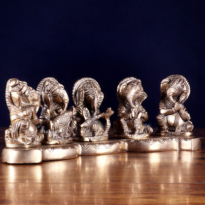 Pure Brass Set of Five Musical Ganesha – Showpiece & Gift for Loved Ones 4 inch