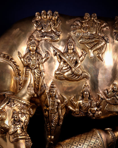 Majestic Large Pure Brass Kamadhenu Cow with Calf – Engraved with All Gods 40 inch