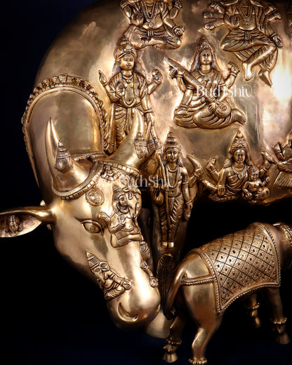 Majestic Large Pure Brass Kamadhenu Cow with Calf – Engraved with All Gods 40 inch