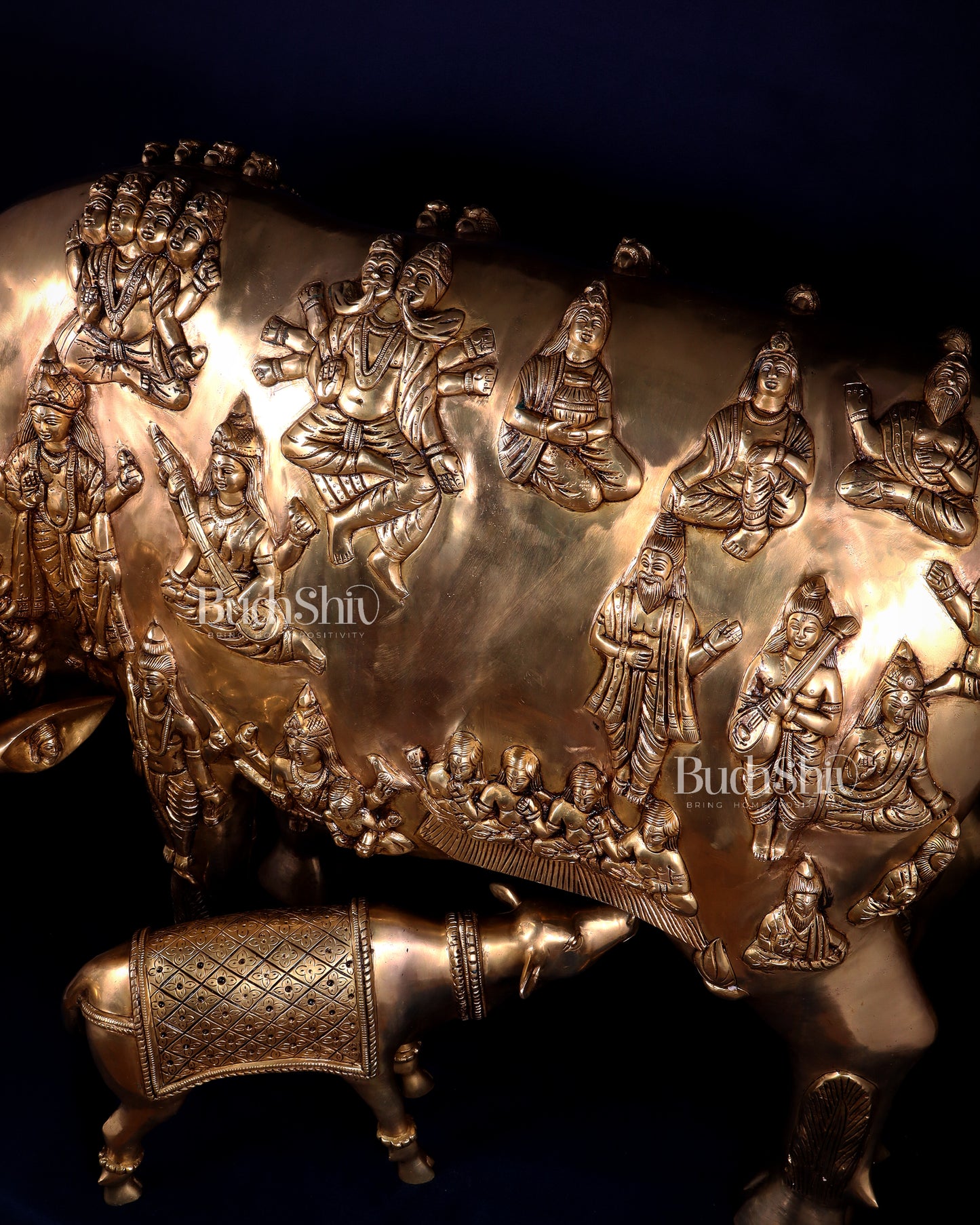 Majestic Large Pure Brass Kamadhenu Cow with Calf – Engraved with All Gods 40 inch