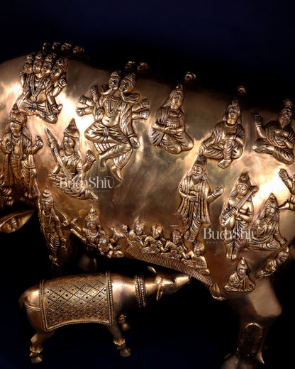 Majestic Large Pure Brass Kamadhenu Cow with Calf – Engraved with All Gods 40 inch