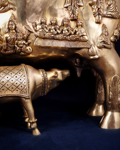 Majestic Large Pure Brass Kamadhenu Cow with Calf – Engraved with All Gods 40 inch