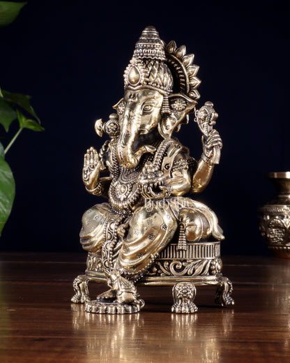 Brass Superfine Ganesha Seated on Throne Idol 6 inch