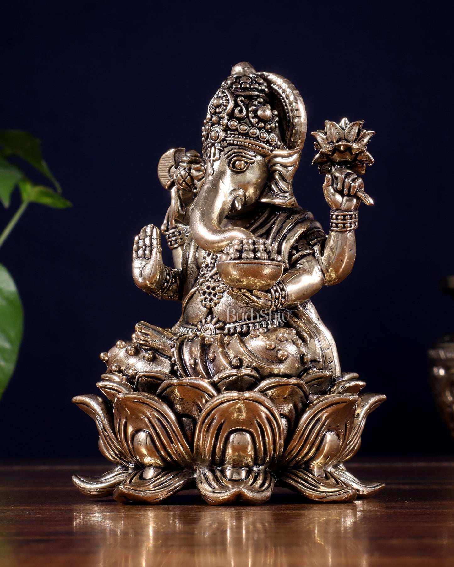 Brass Superfine Ganesha Idol on Lotus Base 5"