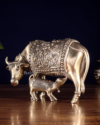 Brass Superfine Kamdhenu Cow with Calf – Intricate Hollow-Casted Idol 8 inch