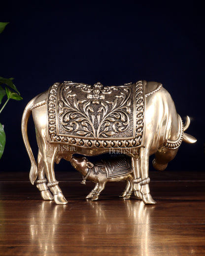 Brass Superfine Kamdhenu Cow with Calf – Intricate Hollow-Casted Idol 8 inch