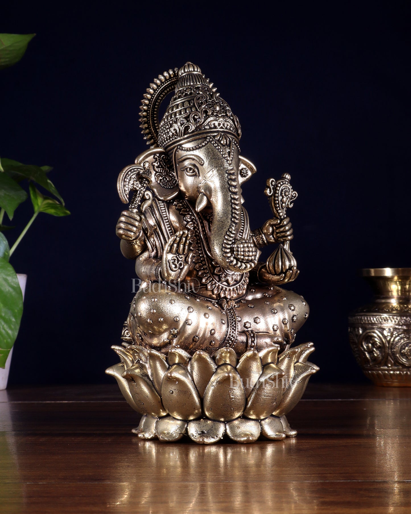 Brass Superfine Lord Ganesha on Lotus Idol 8 inch
