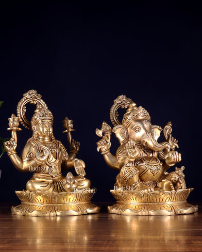Brass Superfine Ganesha Lakshmi Idol Pair 10.5 inch