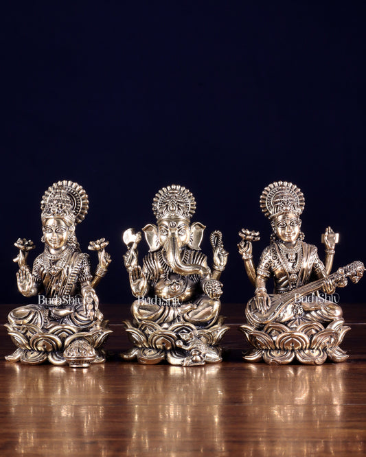Brass Superfine Ganesha Lakshmi Saraswati Idol Set 4"
