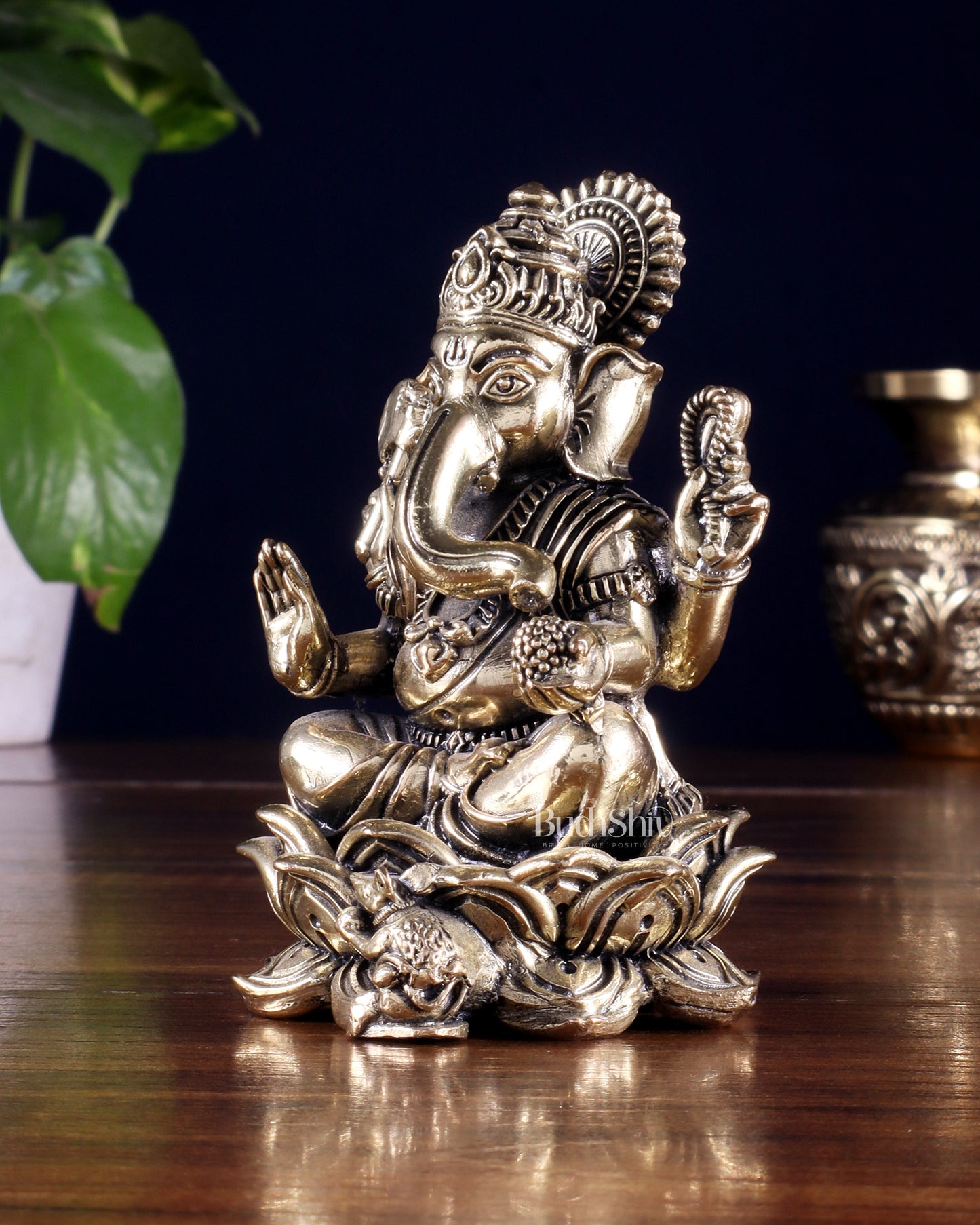 Brass Superfine Lord Ganesha on Lotus Idol 4 inch