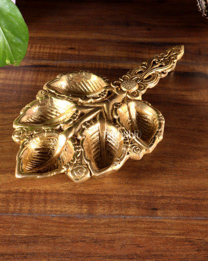 Brass Superfine panch Diya Aarti with Handle 9.5 inch