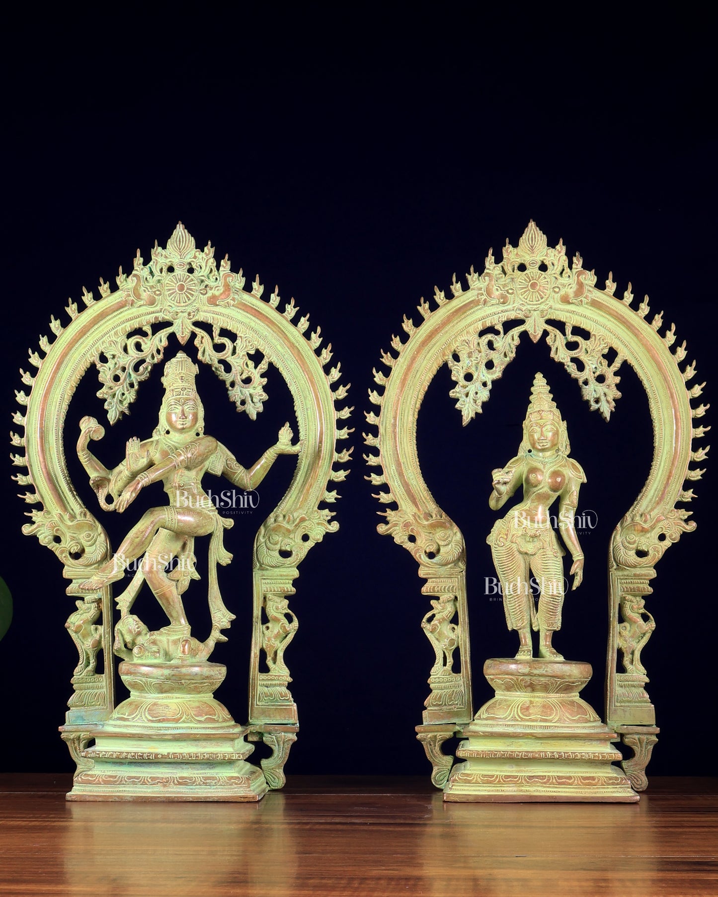 Pure Brass Dancing Shiva Nataraja with Goddess Parvati Sivagami – Green patina 18 inch