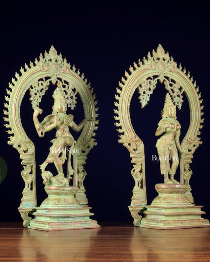 Pure Brass Dancing Shiva Nataraja with Goddess Parvati Sivagami – Green patina 18 inch